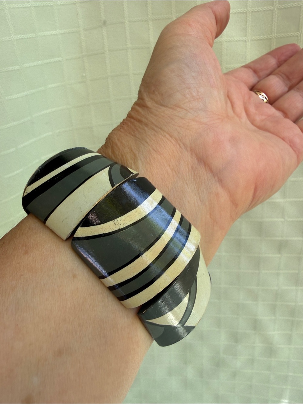 Vintage Black & Cream Patterned Cuff Wooden Bracelet with Smooth Finish - Picture 2 of 6